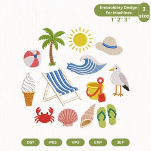 May include: A collection of beach-themed embroidery designs, including a palm tree, sun, wave, beach chair, ice cream cone, crab, seashell, and flip-flops. The designs are available in 1", 2", and 3" sizes.