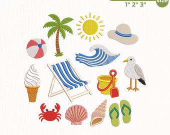 Summer Beach Bundle Embroidery Design, Tropical Ocean Vacation Sun Coconut Tree Waves Crab Shell Sea Bird Pes Dst Jef Vp3, Instant Download