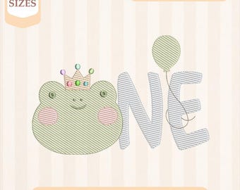 Broderidesign med groda för första födelsedagen, lätt fyllning, snabbstygn, maskinbroderidesign, 4x4 5x7 broderi, direktnedladdning
