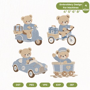 Può includere: Quattro ricami a macchina con orsetti marrone chiaro in abiti blu. Un orsetto guida uno scooter blu, uno un triciclo con valigia, uno un'auto blu e uno siede in un vagone ferroviario. Testo: Embroidery Design For Machines 4" 5" 6" 8".