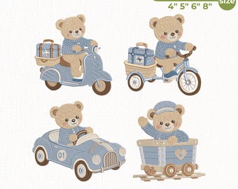 Car Teddy Bear Embroidery Design Bundle, Cute Teddy Bear Machine Embroidery, Vintage Bear Car Design, Nursery Embroidery, Instant Download