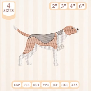 May include: An embroidered design of a Bloodhound dog in shades of brown, grey, and white. The design is available in 4 sizes: 5 cm, 7.6 cm, 10.2 cm, and 15.2 cm. The image also displays various file formats: EXP, PES, DST, VP3, JEF, HUS, and XXX.