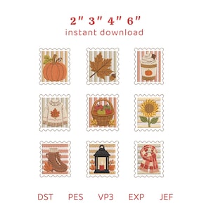Puede incluir: Un conjunto de diseños de bordado digital con nueve motivos de sellos postales cuadrados con temas otoñales que incluyen calabaza, hoja, taza de café, suéter, cesta de manzanas, girasol, bota, linterna y bufanda. El texto dice 2" 3" 4" 6" instant download.