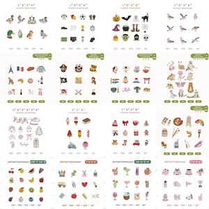 Puede incluir: Una colecci&oacute;n de conjuntos de dise&ntilde;os de bordado digital con diversos temas, incluidos animales, deportes, d&iacute;as festivos, comida, viajes y &uacute;tiles escolares. Cada cuadr&iacute;cula muestra m&uacute;ltiples iconos peque&ntilde;os y coloridos con texto que indica los tama&ntilde;os y formatos de archivo disponibles.