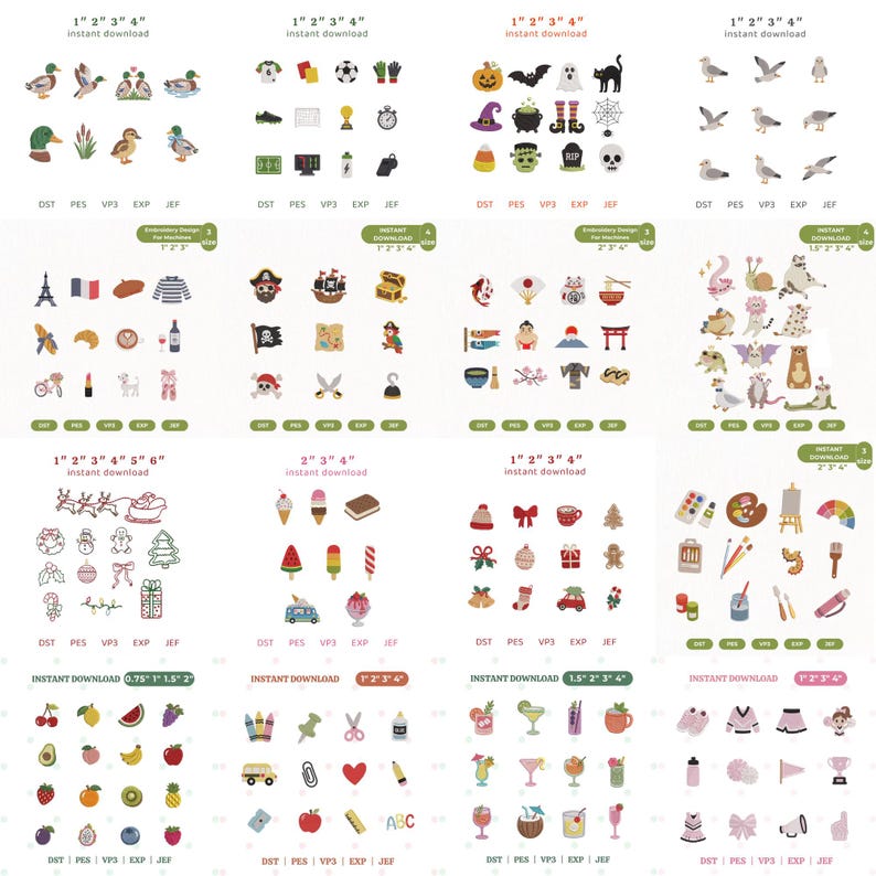 Puede incluir: Una colecci&oacute;n de conjuntos de dise&ntilde;os de bordado digital con diversos temas, incluidos animales, deportes, d&iacute;as festivos, comida, viajes y &uacute;tiles escolares. Cada cuadr&iacute;cula muestra m&uacute;ltiples iconos peque&ntilde;os y coloridos con texto que indica los tama&ntilde;os y formatos de archivo disponibles.