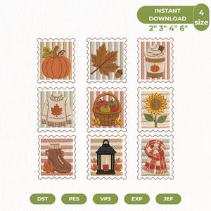May include: A digital embroidery design set featuring nine square postage stamp motifs with autumn themes including a pumpkin, maple leaf, coffee cup, sweater, apple basket, sunflower, boot, lantern, and scarf, with text 2" 3" 4" 6".