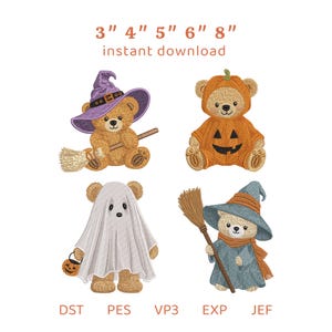 Puede incluir: Cuatro diseños de ositos de peluche bordados para Halloween. Uno lleva un sombrero de bruja morado con una escoba, uno un disfraz de calabaza, uno va de fantasma con un cubo de calabaza y otro lleva un sombrero de mago azul. Texto: 3" 4" 5" 6" 8" instant download DST PES VP3 EXP JEF.