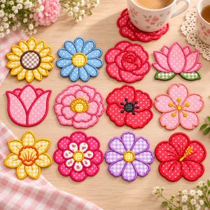 May include: A collection of twelve embroidered flower-shaped coasters featuring various patterns including polka dots and gingham checks in colors such as yellow, blue, pink, red, and purple. Each coaster displays a distinct floral design.