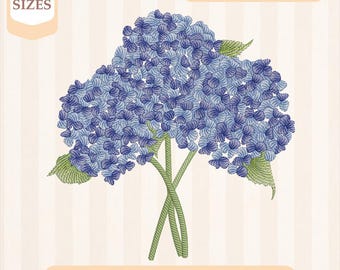 Disegno per ricamo di un bouquet di ortensie blu, riempimento leggero, punto veloce, disegno per ricamo a macchina, ricamo 4x4 5x7, download immediato