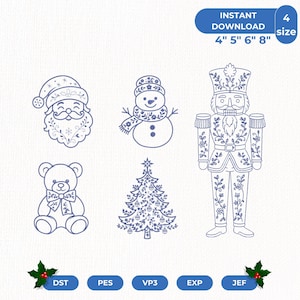 May include: A digital embroidery design set featuring blue line art of Santa Claus, a snowman, a nutcracker, a teddy bear, and a Christmas tree. Text reads INSTANT DOWNLOAD 4 size 4" 5" 6" 8". File formats include DST, PES, VP3, EXP, and JEF.