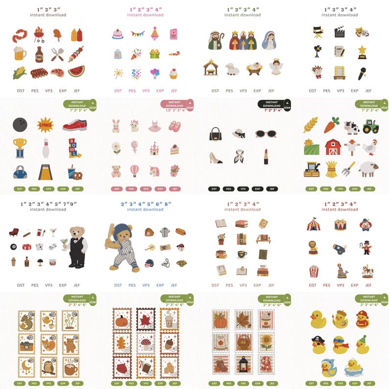 Puede incluir: Una colecci&oacute;n de conjuntos de dise&ntilde;os de bordado digital con diversos temas que incluyen comida, d&iacute;as festivos, deportes, animales de granja, moda, osos, circo y sellos estacionales. Cada conjunto muestra iconos coloridos y etiquetas.