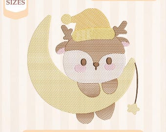 Disegno per ricamo "Sweet Dreams Deer Sketch", riempimento leggero, punto rapido, disegno per ricamo a macchina, ricamo 4x4 5x7, download immediato