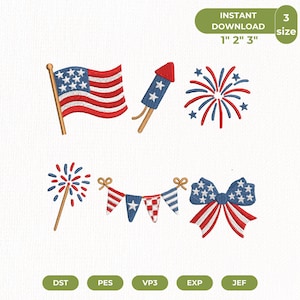 4th Of July Patriotic Bundle Embroidery Design, American Flag Fireworks Bow Bunting Firecracker Sparkler Pes Dst Jef Vp3, Instant Download