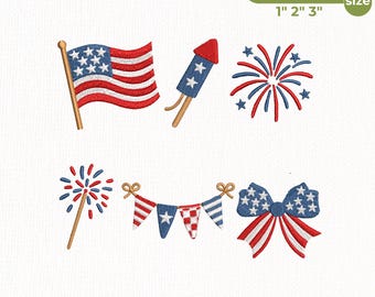 4th Of July Patriotic Bundle Embroidery Design, American Flag Fireworks Bow Bunting Firecracker Sparkler Pes Dst Jef Vp3, Instant Download
