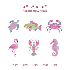 Puede incluir: Un conjunto de seis diseños de bordado digital que muestran una tortuga marina, un pez, un cangrejo, un flamenco, una langosta y un caballito de mar en tonos rosa, azul y amarillo. El texto 4" 5" 6" 8" instant download y los formatos DST, PES, VP3, EXP, JEF son visibles.