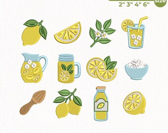 Lemon Embroidery Design Bundle, Summer Lemon Mini Icons Embroidery Files, Lemon Slice Lemonade Jar Citrus Digital File, Instant Download