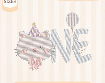 Broderidesign för första födelsedagenskatt, lätt fyllning, snabbstygn, maskinbroderidesign, 4x4 5x7 broderi, direktnedladdning