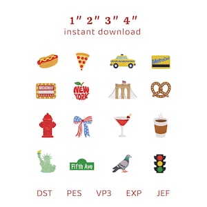 Puede incluir: Un conjunto de diseños de bordado digital con dieciséis iconos temáticos de la ciudad de Nueva York, incluyendo un perrito caliente, una porción de pizza, un taxi amarillo, una MetroCard, un letrero de Broadway, el texto New York, el puente de Brooklyn, un pretzel, un hidrante, un lazo, un martini, una taza de café, la Estatua de la Libertad, un letrero de Fifth Ave, una paloma y un semáforo. Se indican los tamaños 1", 2", 3", 4".