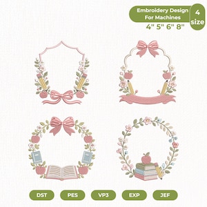 Peut inclure: Motifs de broderie pour machines, présentant quatre cadres avec des éléments scolaires. Chaque cadre comprend des crayons, des pommes, des livres et des nœuds roses et verts. Tailles disponibles : 10 cm, 13 cm, 15 cm et 20 cm.