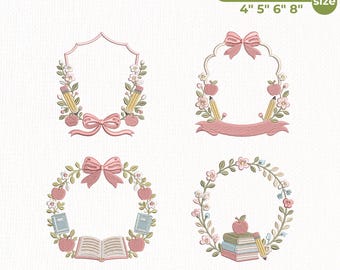 Back To School Embroidery Design Bundle, Teacher Frame Embroidery, Coquette School Bow Apple Book Floral Wreath PES DST JEF,Instant Download
