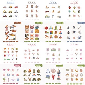Puede incluir: Una colecci&oacute;n de dise&ntilde;os digitales para m&aacute;quinas de bordar con diversos temas, incluyendo veh&iacute;culos, animales, juguetes, naturaleza e iconos n&aacute;uticos. Cada conjunto muestra m&uacute;ltiples motivos gr&aacute;ficos coloridos con etiquetas de tama&ntilde;os de 1, 2, 3 y 4 pulgadas.