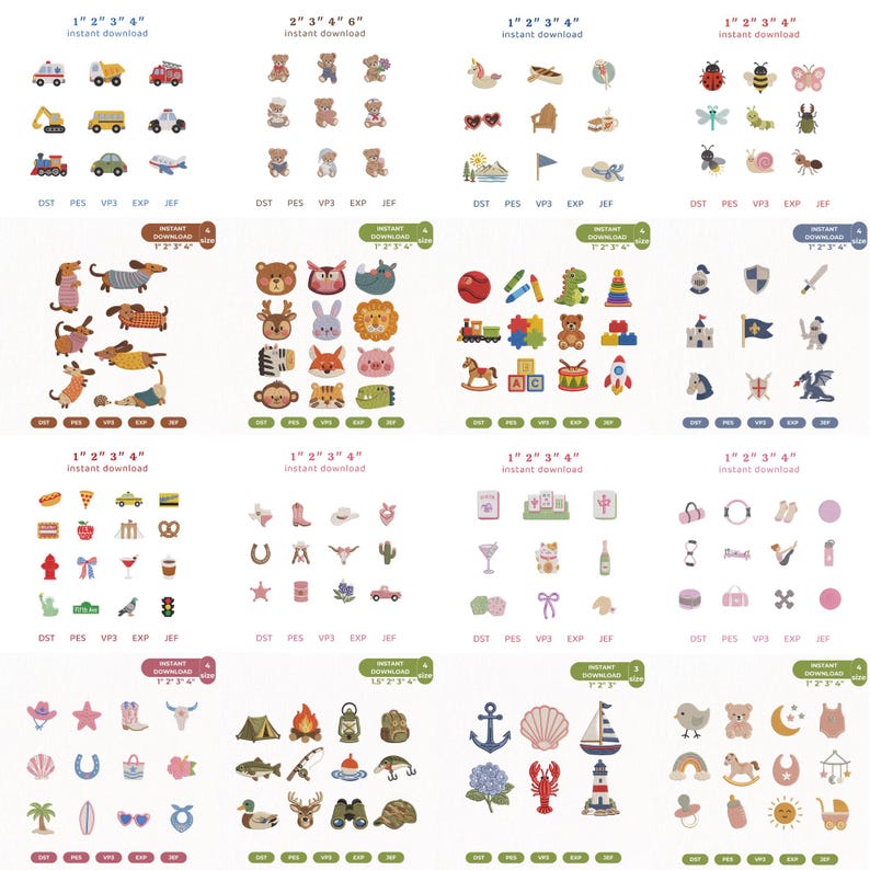 Puede incluir: Una colecci&oacute;n de dise&ntilde;os digitales para m&aacute;quinas de bordar con diversos temas, incluyendo veh&iacute;culos, animales, juguetes, naturaleza e iconos n&aacute;uticos. Cada conjunto muestra m&uacute;ltiples motivos gr&aacute;ficos coloridos con etiquetas de tama&ntilde;os de 1, 2, 3 y 4 pulgadas.