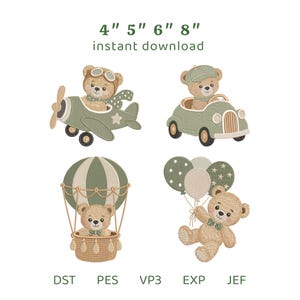 Può includere: Quattro disegni per ricamo a macchina con orsetti marrone chiaro in veicoli e accessori verde salvia. Include un orso in aereo, auto, mongolfiera e con palloncini. Testo: 4" 5" 6" 8" instant download e formati file DST, PES, VP3, EXP, JEF.