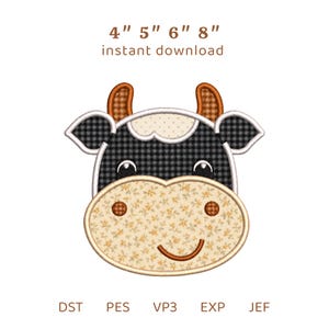 May include: An embroidery design of a cow face with a black and white gingham pattern, a cream floral snout, and brown checkered horns. Text above reads 4" 5" 6" 8" instant download, and text below lists file formats DST, PES, VP3, EXP, JEF.