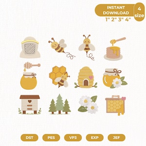 Puede incluir: Una colección de doce diseños de bordado a máquina con abejas, tarros de miel, una colmena, un panal, tortitas con miel, un sombrero de apicultor, pinos y flores. El texto dice INSTANT DOWNLOAD 1" 2" 3" 4" y formatos de archivo DST, PES, VP3, EXP, JEF.