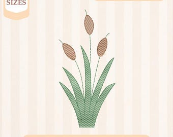 Skissbroderidesign med kaveldunsgräs, lätt fyllning, snabbstygn, maskinbroderidesign, 4x4 5x7 broderi, direktnedladdning