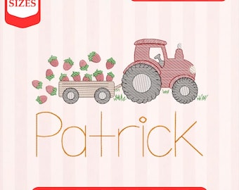 Simpatico camioncino con fragole primaverili, design delicato, riempimento leggero, punto rapido, disegno per ricamo a macchina, ricamo 4x4 5x7, download immediato