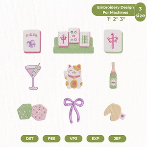 May include: Machine embroidery design set featuring nine icons: a Joker mahjong tile, a tile rack, a red character tile, a martini glass with skewers, a beckoning cat, a champagne bottle labeled CHEER, two dice, a purple bow, and a fortune cookie.
