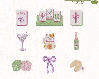 Mahjong Embroidery Mini Design Bundle, Mahjong Tile Machine Embroidery, Lucky Cat Dice Joker Fortune Cookie PES, Instant Download