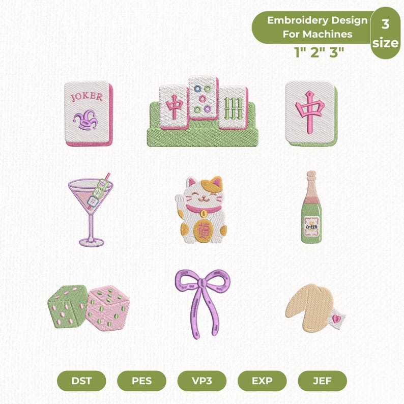 May include: Machine embroidery design set featuring nine icons: a Joker mahjong tile, a tile rack, a red character tile, a martini glass with skewers, a beckoning cat, a champagne bottle labeled CHEER, two dice, a purple bow, and a fortune cookie.