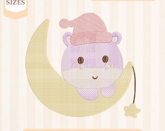 Disegno per ricamo "Sweet Dreams Hippo Sketch", riempimento leggero, punto rapido, disegno per ricamo a macchina, ricamo 4x4 5x7, download immediato