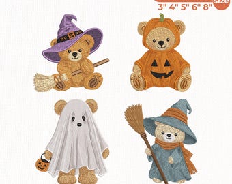 Halloween Teddy Bear Embroidery Design Bundle, Witch Bear Ghost Bear Pumpkin Bear, Cute Fall Machine Embroidery Files, Instant Download