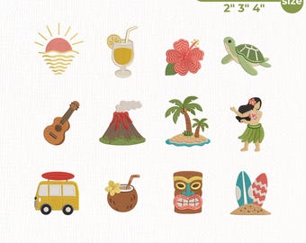 Hawaii Embroidery Design Bundle, Hawaiian Summer Icons Digital File, Tropical Vacation Embroidery File, Beach Machine Emb, Instant Download