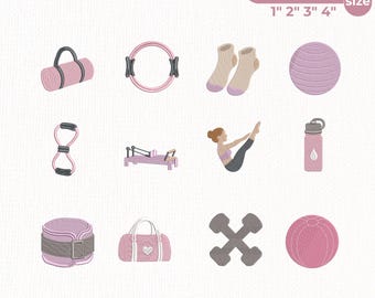 Pilates Embroidery Bundle, Pink Pilates Mini Embroidery Designs, Reformer Workout Gym Girl Fitness Icons, Instant Download