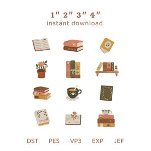 May include: A digital embroidery design set featuring twelve illustrations of books, potted plants, and teacups in muted earth tones. The text 1" 2" 3" 4" instant download is displayed at the top, with file formats DST, PES, VP3, EXP, JEF at the bottom.