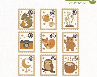 Woodland Stamp Embroidery Design Bundle, Cottagecore Postage Stamp Digital Files, Cozy Fall Embroidery Pattern, Instant Download