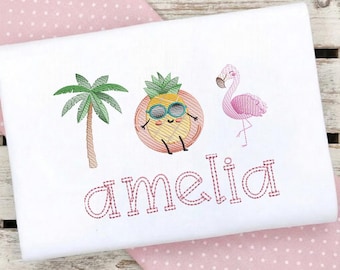 Diseño de bordado Trío de Verano Tropical, Patrón de bordado a máquina de piña y flamenco, Descarga digital de vacaciones en la playa, Pes Dst Jef Vp3