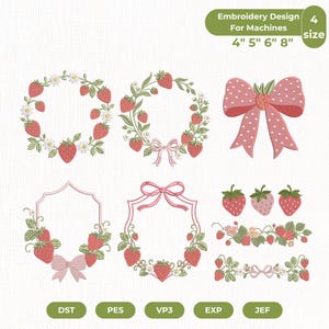 May include: A selection of strawberry embroidery designs for machines. The designs include wreaths, bows, frames, and borders, all featuring red strawberries and green leaves. The text on the image says "Embroidery Design For Machines 4 size 4" 5" 6" 8""