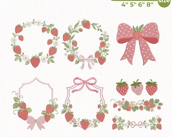 Strawberry Embroidery Design Bundle, Coquette Strawberry Frame Embroidery, Bow Strawberry Wreath Machine Embroidery File, Instant Download