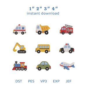 Transportation Embroidery Bundle, Construction Truck Train Airplane Fire Truck Police Car Machine Embroidery Designs, Instant Download