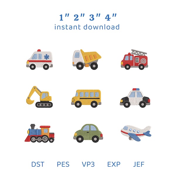 Stickpaket zum Thema Transport: Baustellenfahrzeuge, Züge, Flugzeuge, Feuerwehrwagen, Polizeiautos – Stickmuster für die Stickmaschine, sofortiger Download