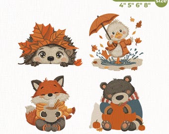 Autumn Woodland Animals Embroidery Design Bundle, Fall Animal Embroidery Files, Fox Bear Hedgehog Duck Embroidery Pattern, Instant Download