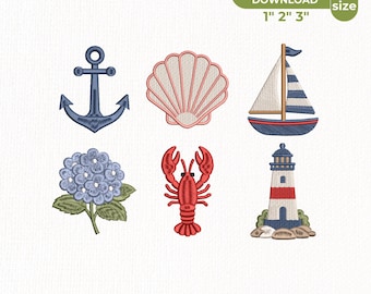 Nautical Coastal Mini Bundle Embroidery Design, Blue Hydrangea Sailboat Anchor Lobster Lighthouse Shell Pes Dst Jef Vp3, Instant Download