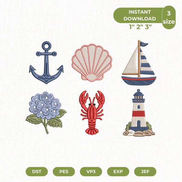 Nautical Coastal Mini Bundle Embroidery Design, Blue Hydrangea Sailboat Anchor Lobster Lighthouse Shell Pes Dst Jef Vp3, Instant Download