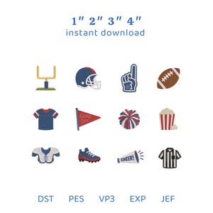 Puede incluir: Un conjunto de diseños de bordado digital con doce iconos de fútbol americano: poste de meta, casco, dedo de espuma, balón, camiseta, banderín, pompón, palomitas, hombreras, taco, megáfono y camisa de árbitro. El texto dice 1" 2" 3" 4".