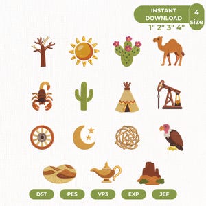 Puede incluir: Un conjunto de diseños de bordado digital con dieciséis iconos de temática desértica, incluyendo un árbol muerto, sol, cactus con flores rosas, camello, escorpión, saguaro, tipi, bomba de petróleo, rueda de carro, luna, arbusto y buitre.